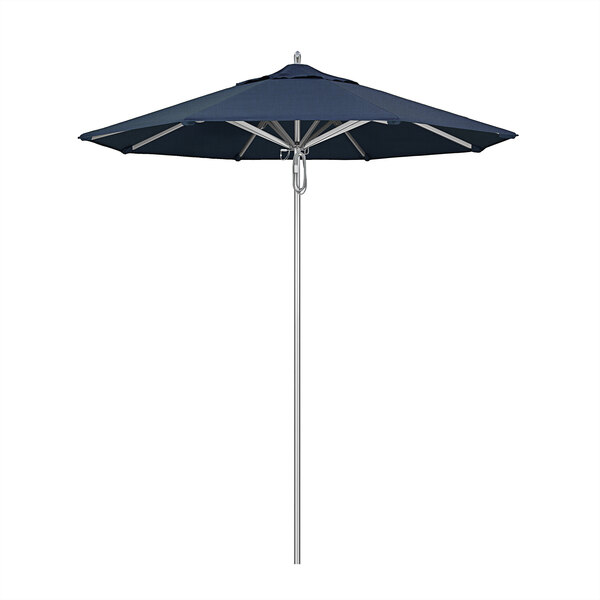 A blue California Umbrella with Sunbrella Spectrum Indigo fabric on a white background.