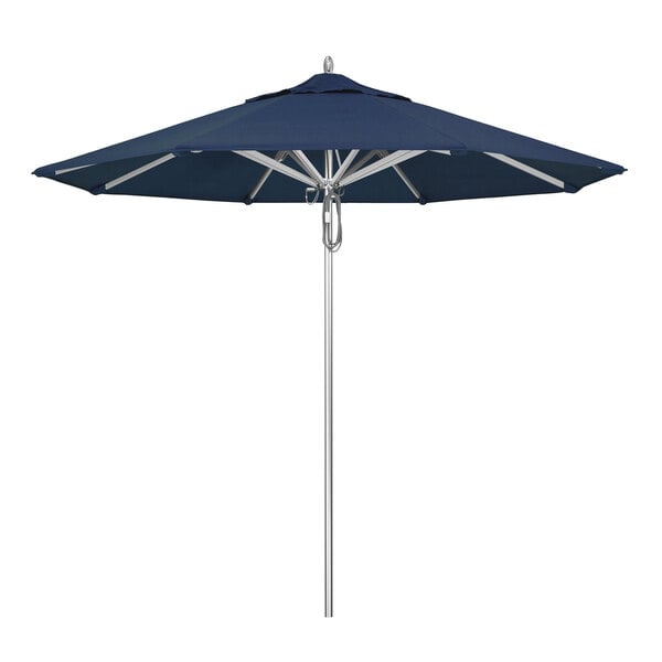 A blue California Umbrella with a metal pole on a white background.