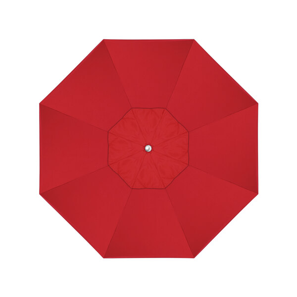 A top view of a red California Umbrella with a silver button and a Sunbrella Jockey Red canopy.