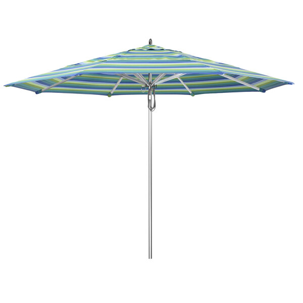 A California Umbrella with blue and green stripes on the canopy.