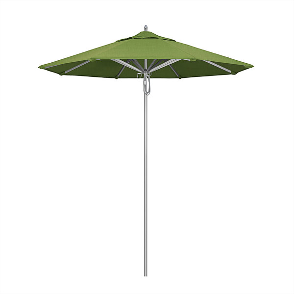 A California Umbrella with a Spectrum Cilantro Sunbrella canopy on an aluminum pole.