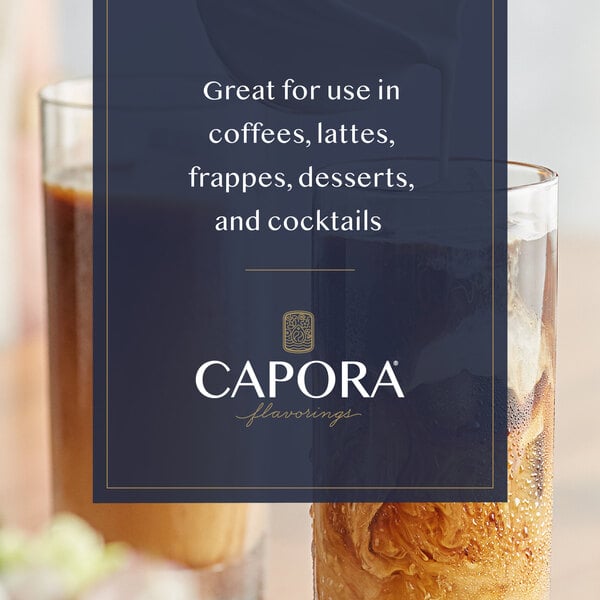 Iced coffee with cream being poured in and suggested uses for Capora caramel syrup.