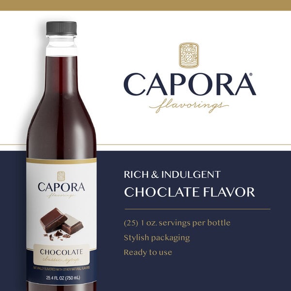 Capora chocolate flavoring syrup bottle with chocolate and product features displayed.