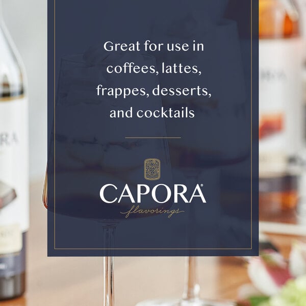 Chocolate drink in a stemmed glass with suggested uses for Capora chocolate syrup.