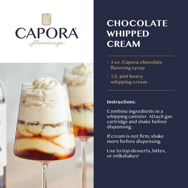 Dessert topped with whipped cream beside a Capora chocolate whipped cream recipe.