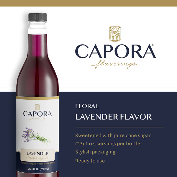 Graphic showing a Capora lavender syrup bottle, lavender, and product features.