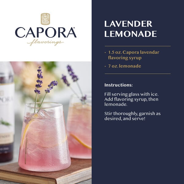 Recipe graphic showing lavender lemonade with lemon, lavender, and preparation instructions.