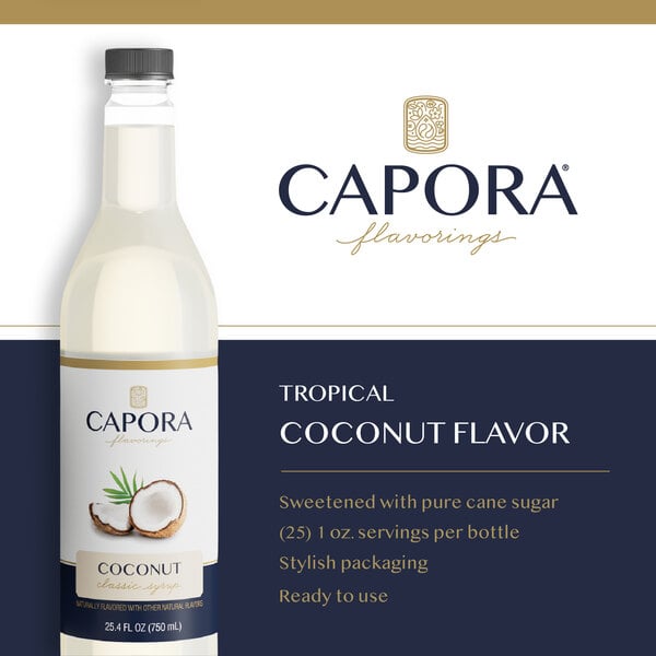 Capora coconut flavoring syrup bottle with coconut and product features displayed.