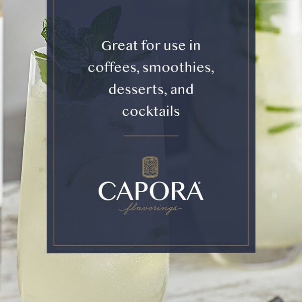Coconut drink garnished with mint with suggested uses for Capora coconut syrup.