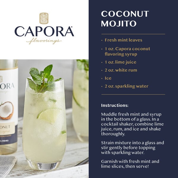 Coconut mojito with lime and mint beside ingredients and recipe instructions.