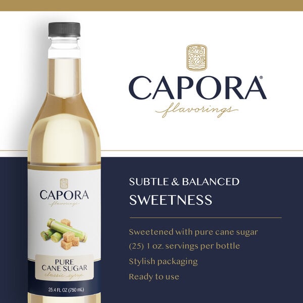 Capora cane sugar sweetener syrup bottle with sugar cane and product features displayed.