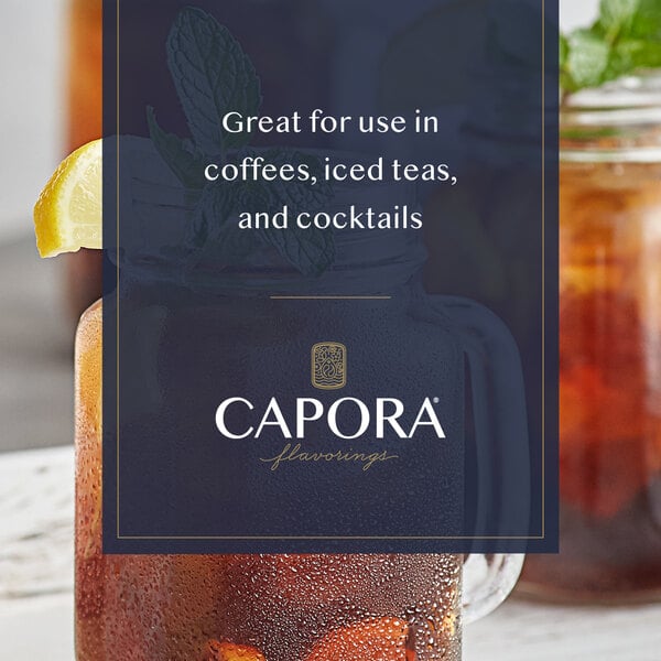 Iced tea with lemon and mint with suggested uses for Capora cane sugar syrup.