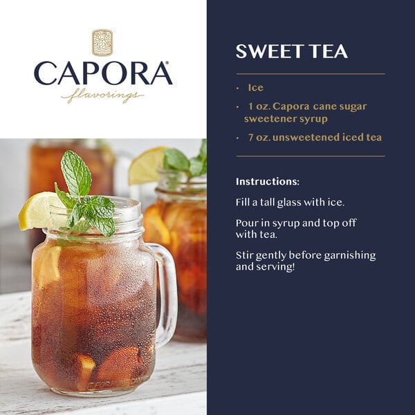 Iced sweet tea garnished with lemon and mint beside recipe instructions.
