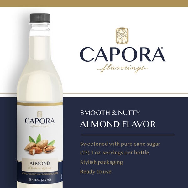 A 750 mL bottle of Capora Almond Flavoring Syrup.