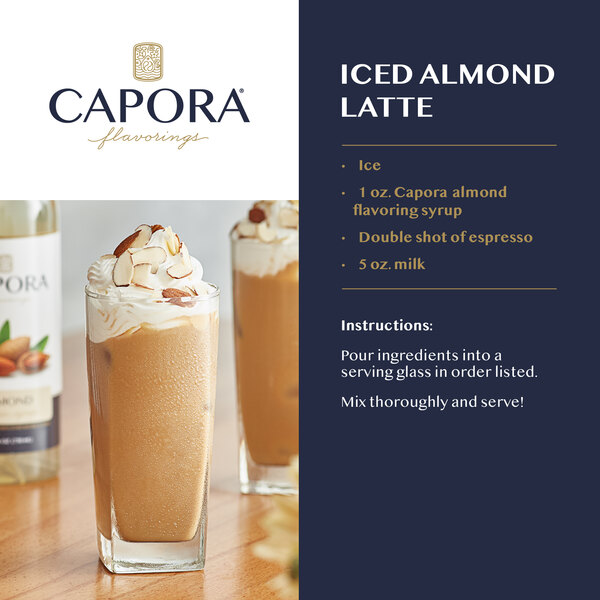 Almond latte topped with whipped cream and sliced almonds with suggested syrup uses.