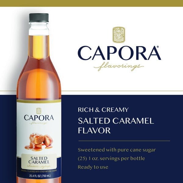 Graphic showing Capora salted caramel syrup bottle, caramel, and product features.