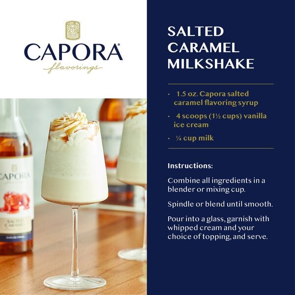 Recipe graphic showing a salted caramel milkshake with whipped cream and instructions.