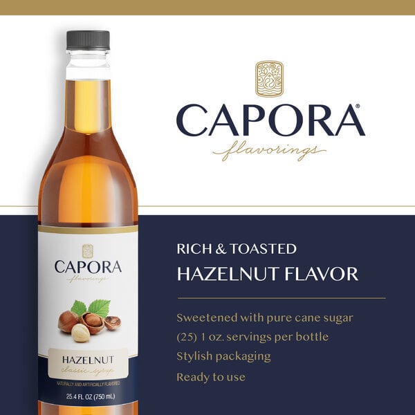 Capora hazelnut flavoring syrup bottle with hazelnuts and product features displayed.