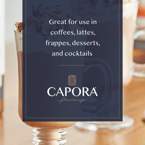 Hazelnut drink topped with whipped cream and nuts with suggested syrup uses.