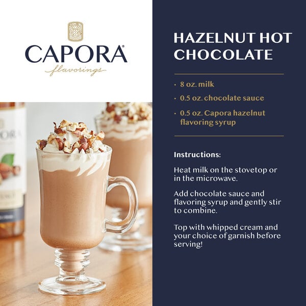 Hazelnut hot chocolate topped with whipped cream and nuts beside recipe instructions.