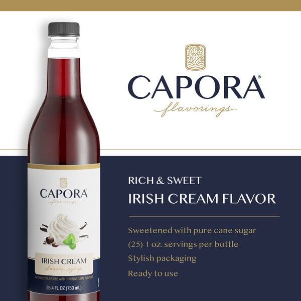 Capora Irish cream flavoring syrup bottle with product features displayed.