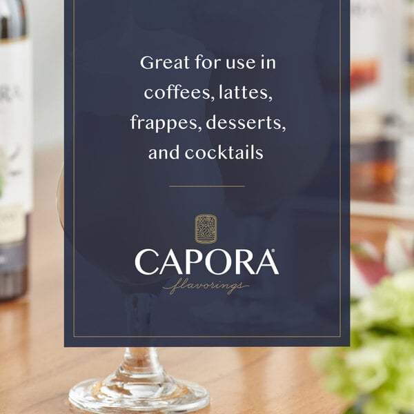 Graphic showing Irish cream coffee with whipped cream and suggested Capora syrup uses.