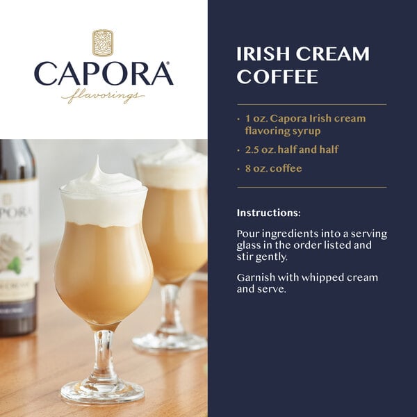 Recipe graphic showing Irish cream coffee with whipped cream and preparation instructions.