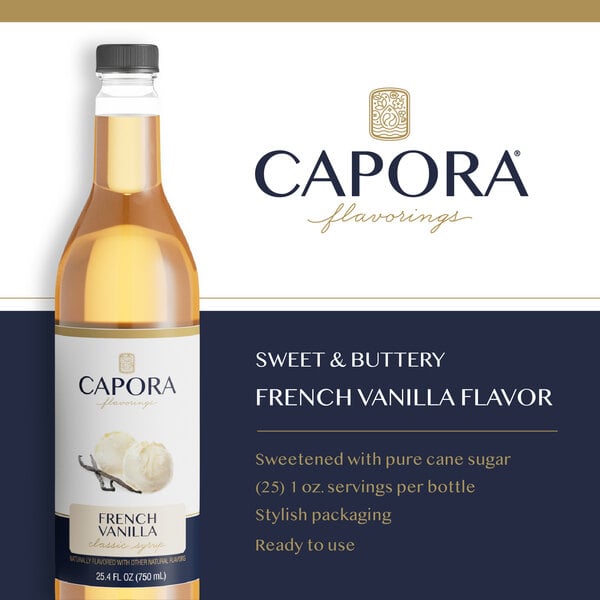 Capora French vanilla syrup bottle with vanilla and product features displayed.