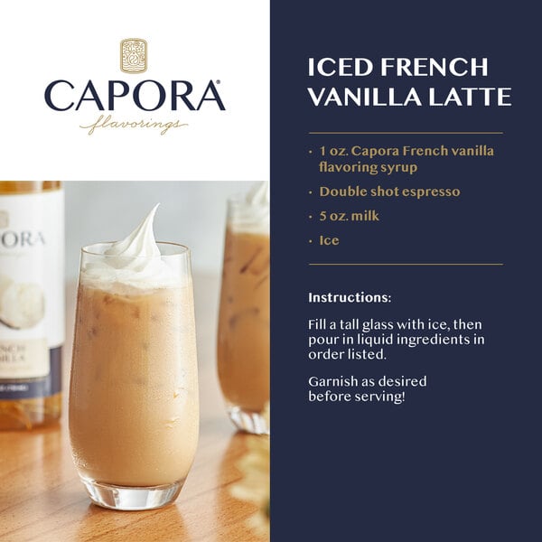 Iced French vanilla latte topped with cream beside ingredients and recipe instructions.