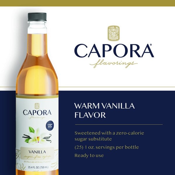 Graphic showing Capora sugar-free vanilla syrup bottle, vanilla, and product features.
