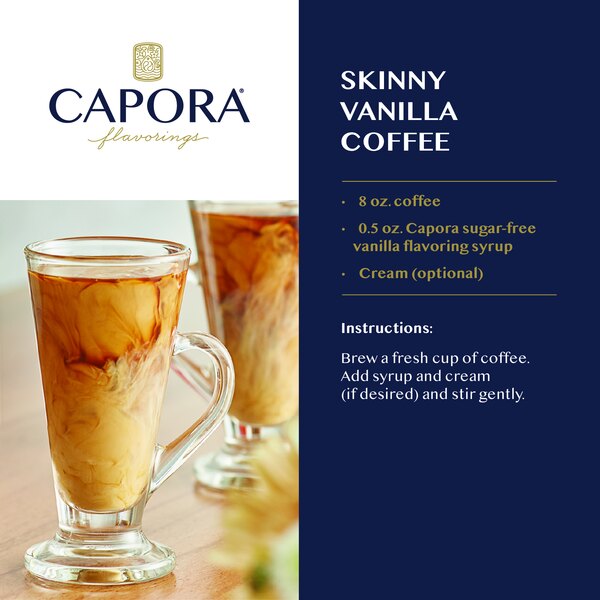 Recipe graphic showing vanilla coffee with cream and preparation instructions.
