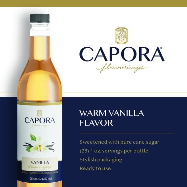 Graphic showing Capora vanilla syrup bottle, vanilla, and product features.