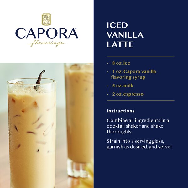 Recipe graphic showing a vanilla latte with cream and preparation instructions.