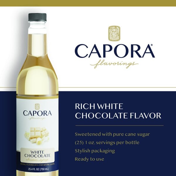 Graphic showing Capora white chocolate syrup bottle and product features.