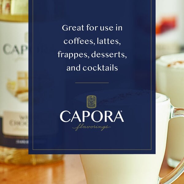Graphic showing a white chocolate drink with whipped cream and suggested syrup uses.