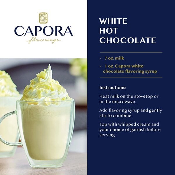 Recipe graphic showing white hot chocolate with whipped cream and instructions.