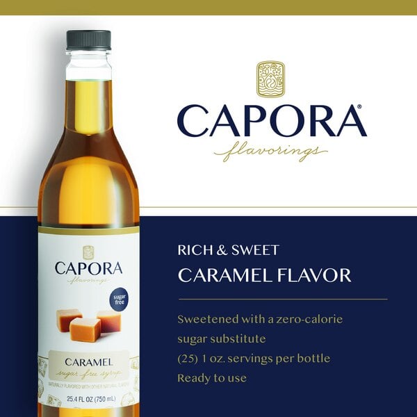 Graphic showing Capora sugar-free caramel syrup bottle, caramel, and product features.