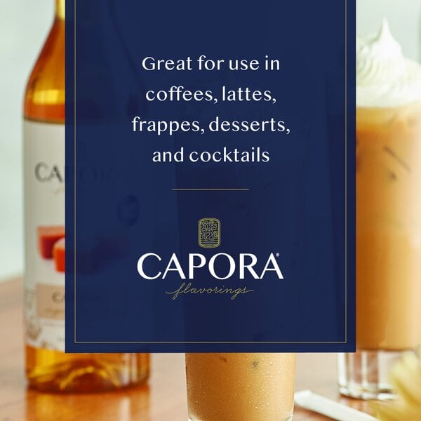 Graphic showing iced caramel drinks with whipped cream and suggested syrup uses.