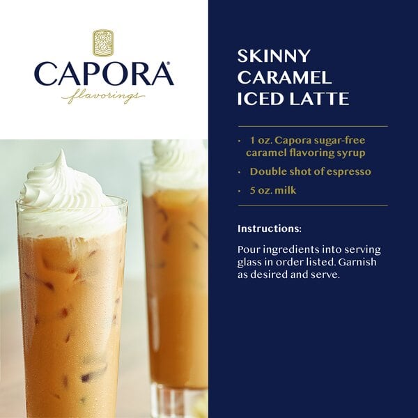 Recipe graphic showing an iced caramel latte with whipped cream and preparation instructions.