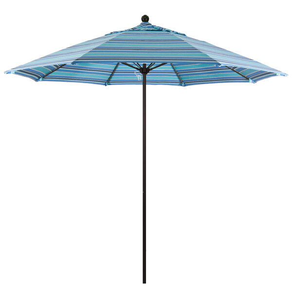 A blue and white striped California Umbrella with a black pole.