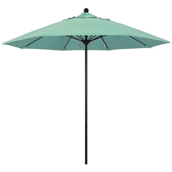 A close-up of a blue California Umbrella with a Sunbrella Spectrum Mist canopy.
