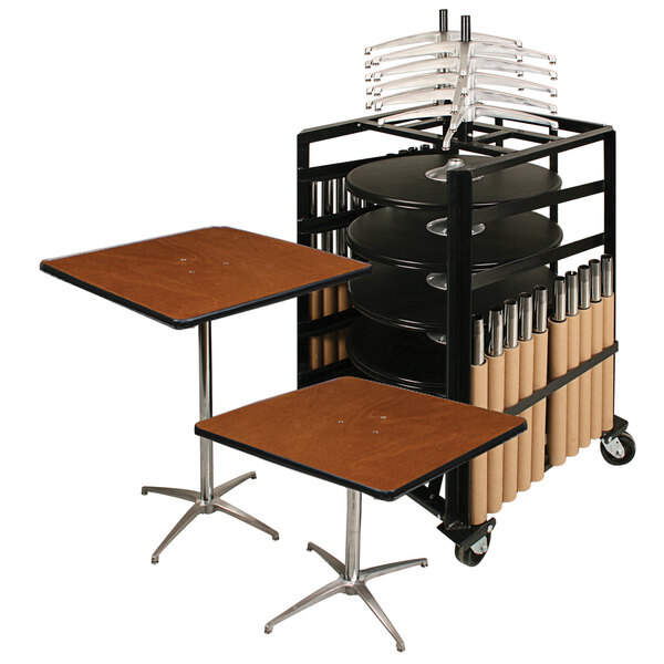 A Resilient 200 Series Plywood square bistro table and chair set on a cart.