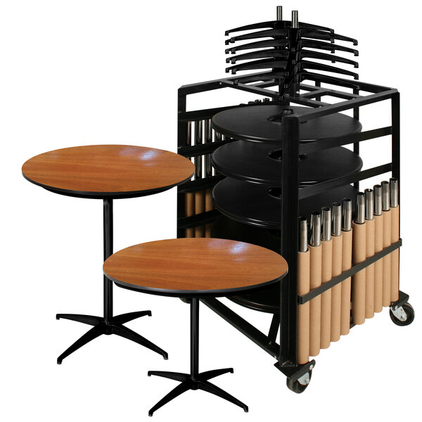 A Resilient-IC round bistro table with a black X-base and wood top.