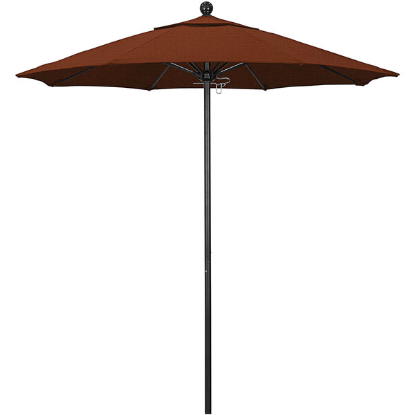 A close-up of a brown California Umbrella on a black pole.