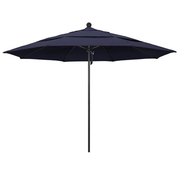 A California Umbrella ALTO round navy blue Sunbrella canopy with a black pole.