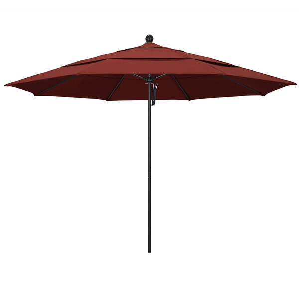 A California Umbrella ALTO round outdoor umbrella with Sunbrella Henna fabric on a black pole.