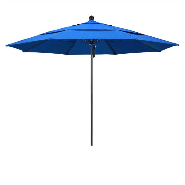 A royal blue California Umbrella with a black pole.