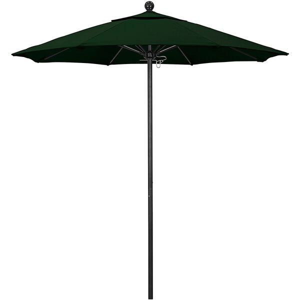 A close up of a Pacifica hunter green California Umbrella on a black aluminum pole.