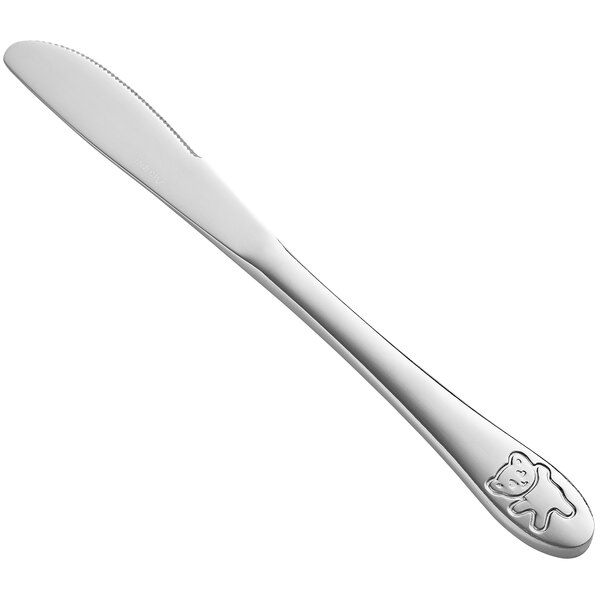 An Acopa stainless steel dinner knife with a bear design on the handle.