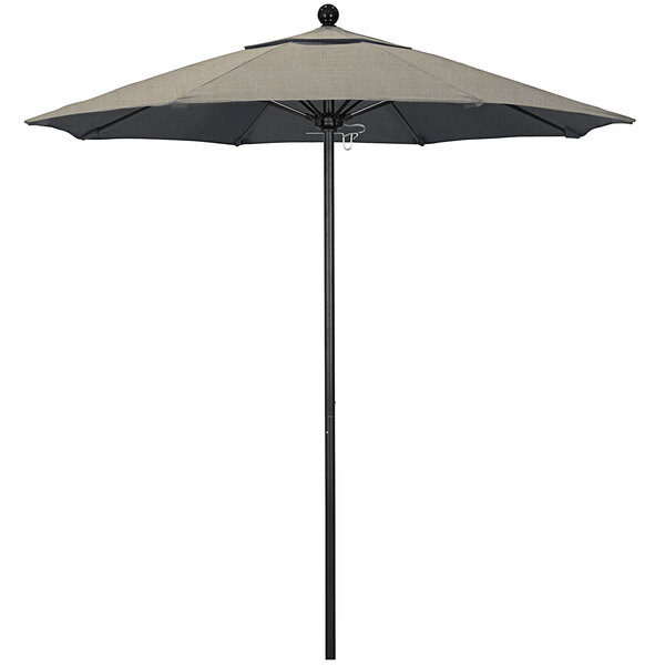 A California Umbrella ALTO round outdoor umbrella with a black and tan Sunbrella canopy.